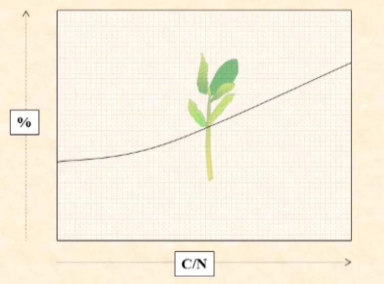 Representación esquemática del % de enraizamiento frente a la relación carbono/nitrógeno del material vegetal